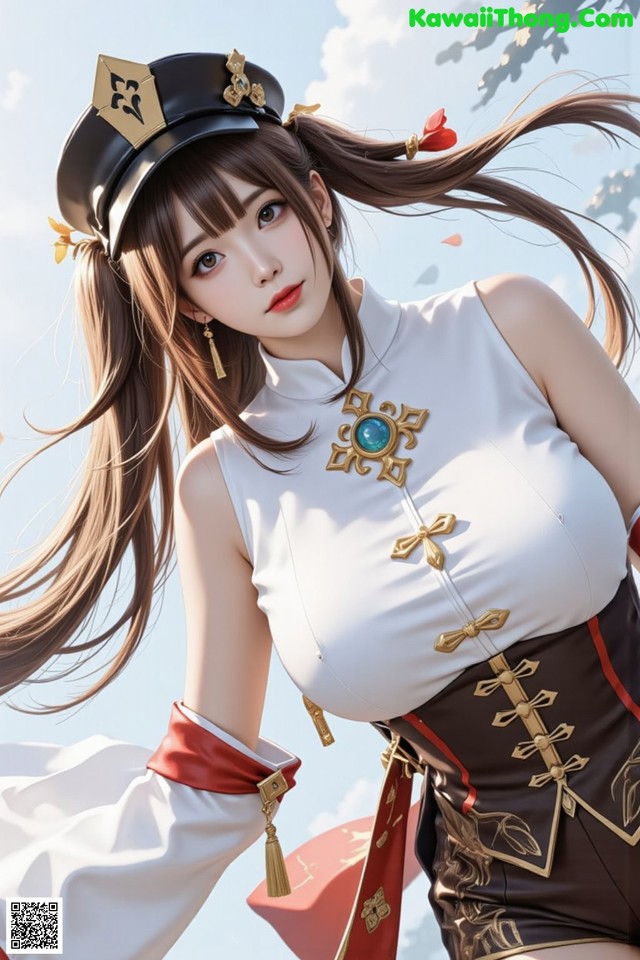 A woman in a white top and black skirt holding a red umbrella.