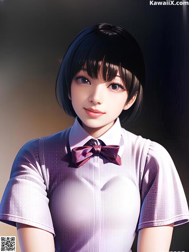 A woman in a school uniform with a bow tie.