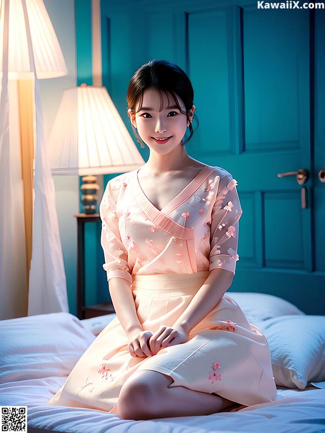 A woman sitting on a bed in a pink dress.