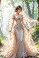 A woman in a wedding dress standing in the woods.